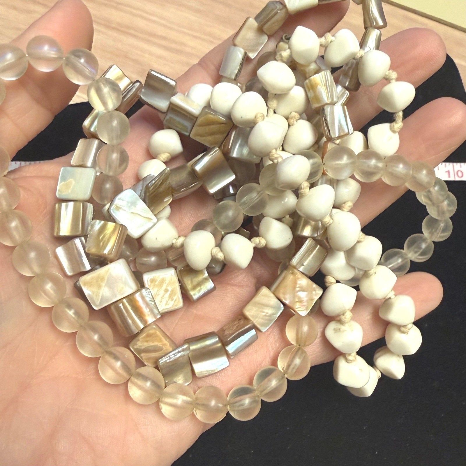 Multi Strand Mother of Pearl Shell and Frosted Bead Layered Necklace Boho