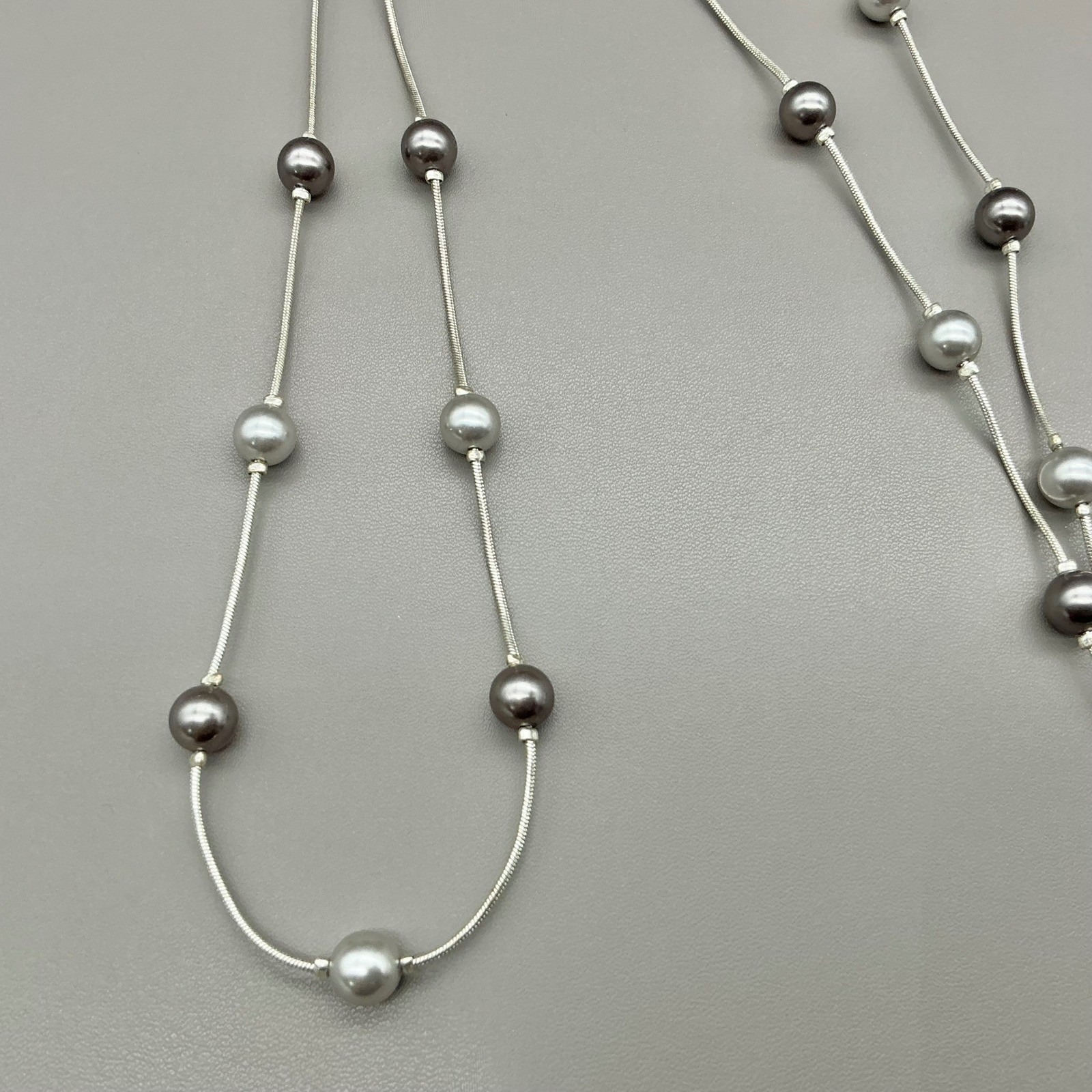 Roman Necklace Womens Silver Tone Pearl Station Snake Chain Double Strand 48″
