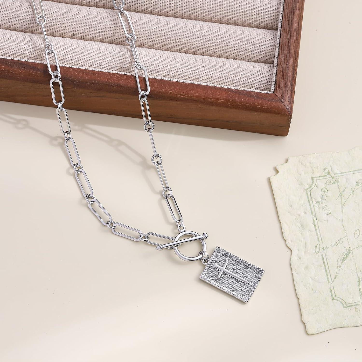 Paperclip Cross Pendant Necklace for Women Gold Toggle Clasp Rectangle Necklace