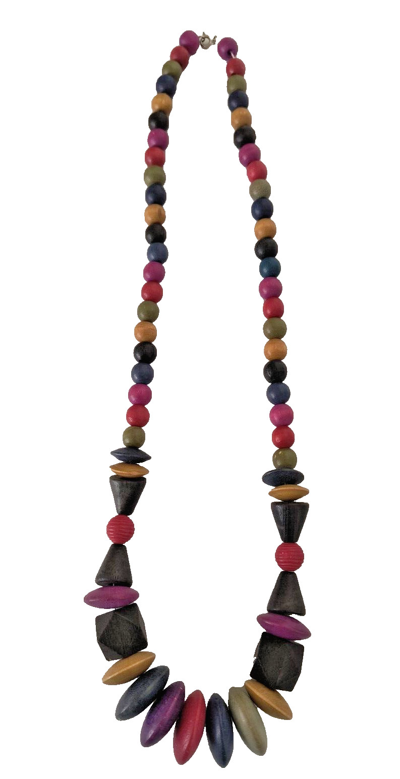 Women’s Statement Necklace Multicolor Wooden Beads Assorted Sizes 15 in drop