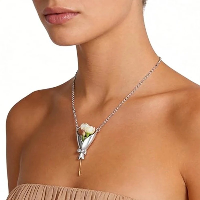 Bouquet Necklace Flower Holder Necklace Pendant Floral Vase Necklaces Gift