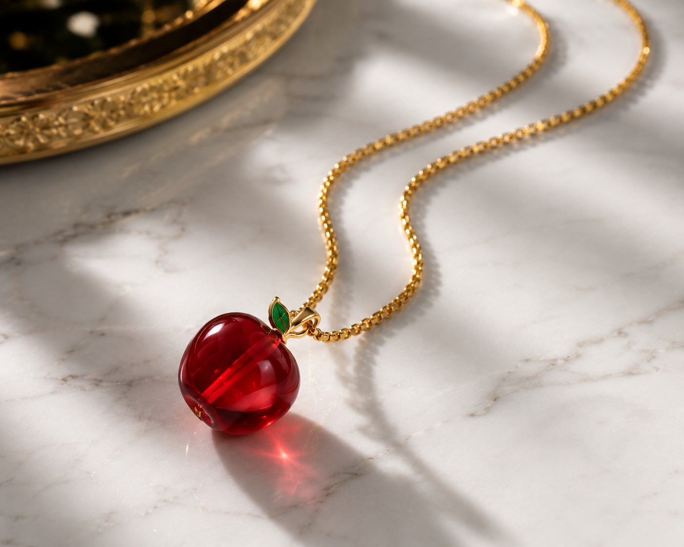 Red Apple Pendant Necklace Gold Plated Chain Glass Fruit Charm Cute Gift 18″