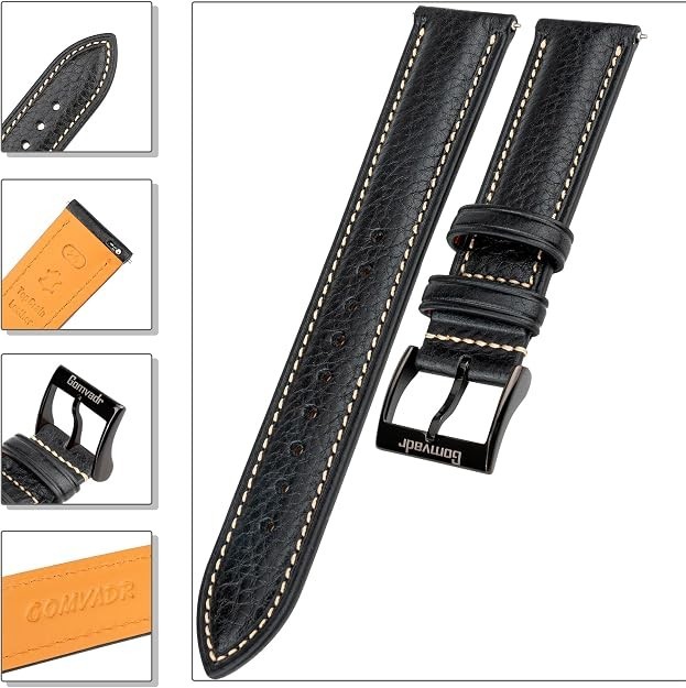 Watch Band Leather 22mm XXL Black Buckle Italian Vegetable Tanned Strap Gomvadr