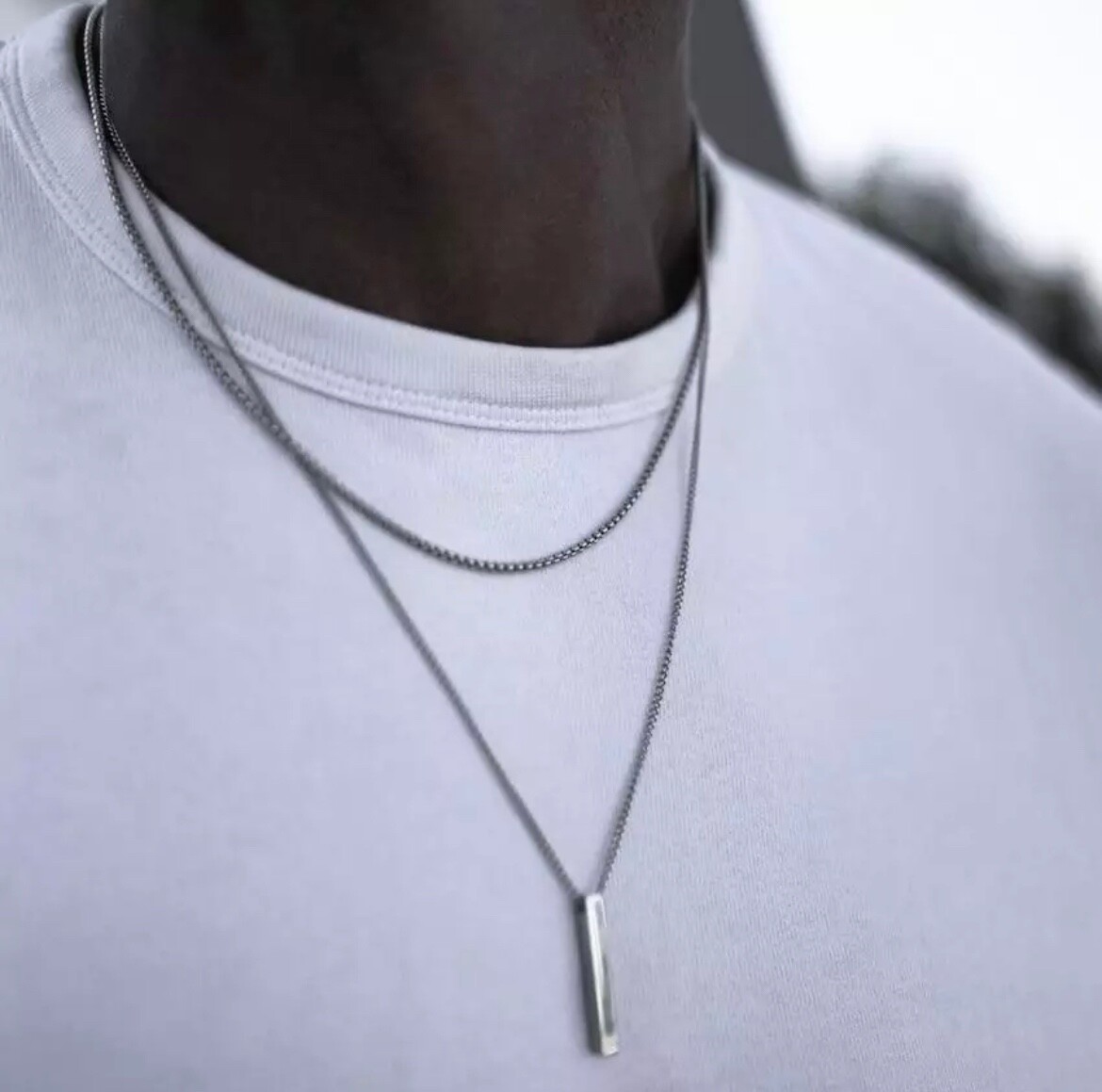 Men’s Fashion Jewelry Silver Layered Geometric Bar Pendant Necklace 1-334