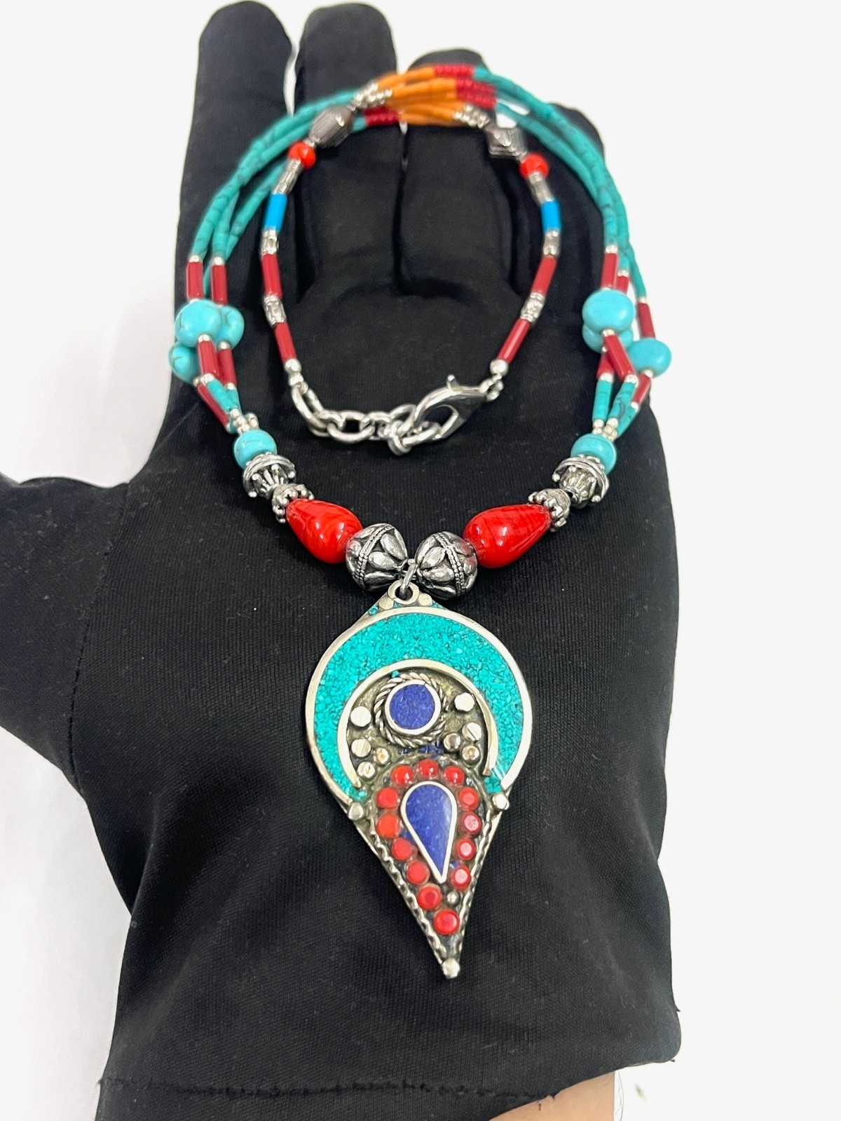 Antique Turquoise Coral Gemstone Tibetan Boho Necklace Jewelry, 17 inch Adjus