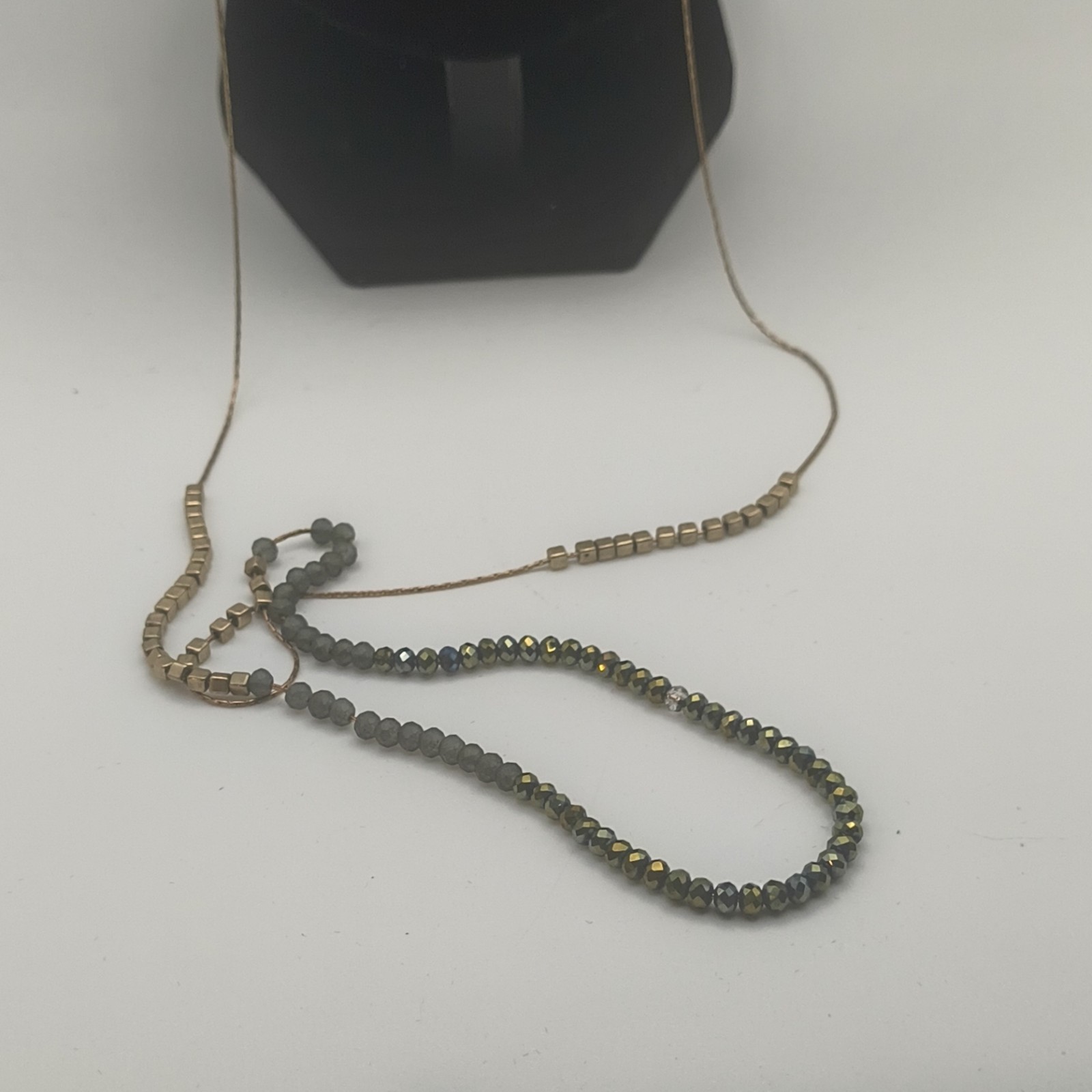 Gold Tone Layered Cable Chain Necklace Gray Round Crystal Beaded Adjustable