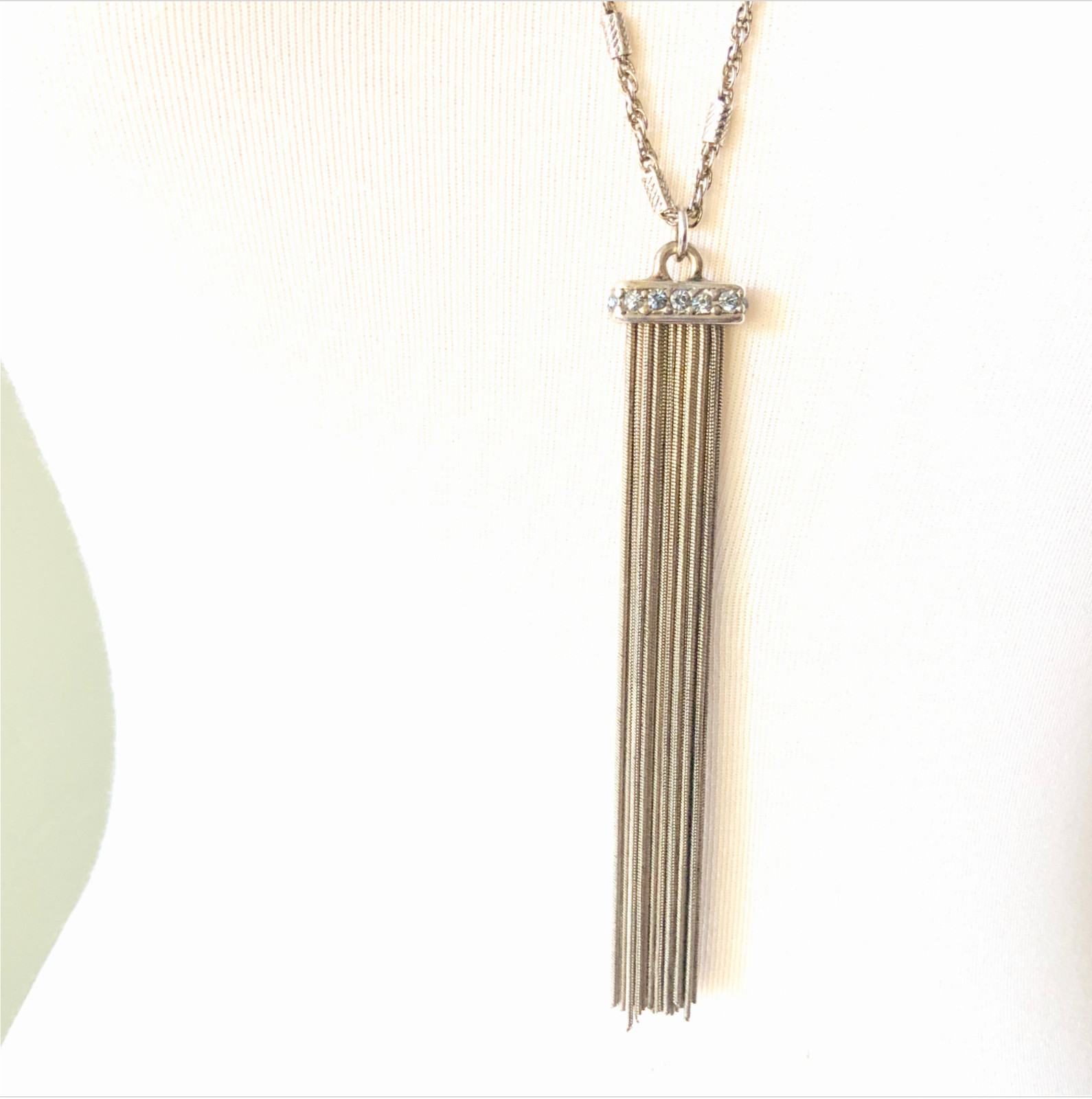 Vintage tassel necklace ST. THOMAS rhinestone antiqued gold multi strand layered