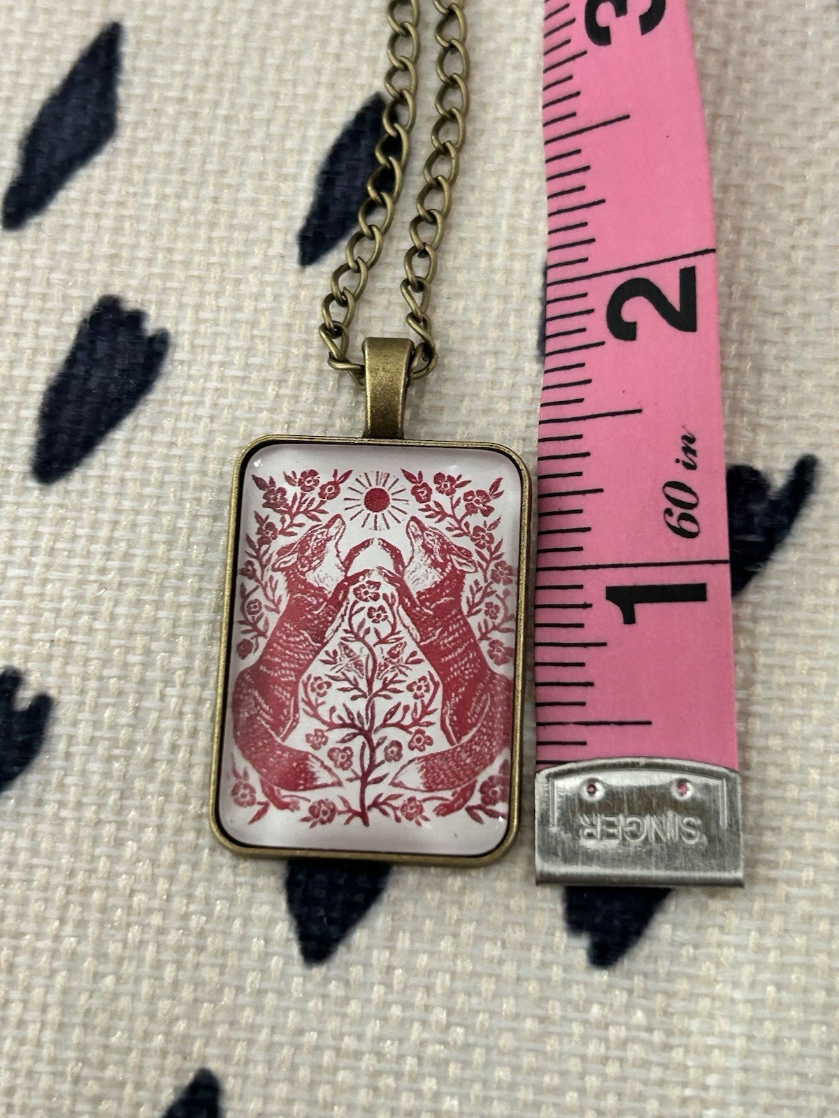 Antique Brass Flora And Fauna Fox Pendant Necklace Ivory/Deep Red 1.5”x1”
