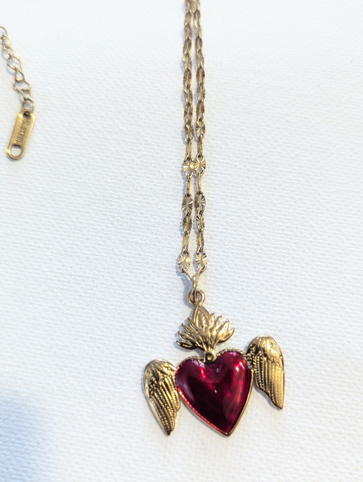 Stainless Steel Oval Link Chain Necklace Red Enamel Heart Wing Charm Adjustable