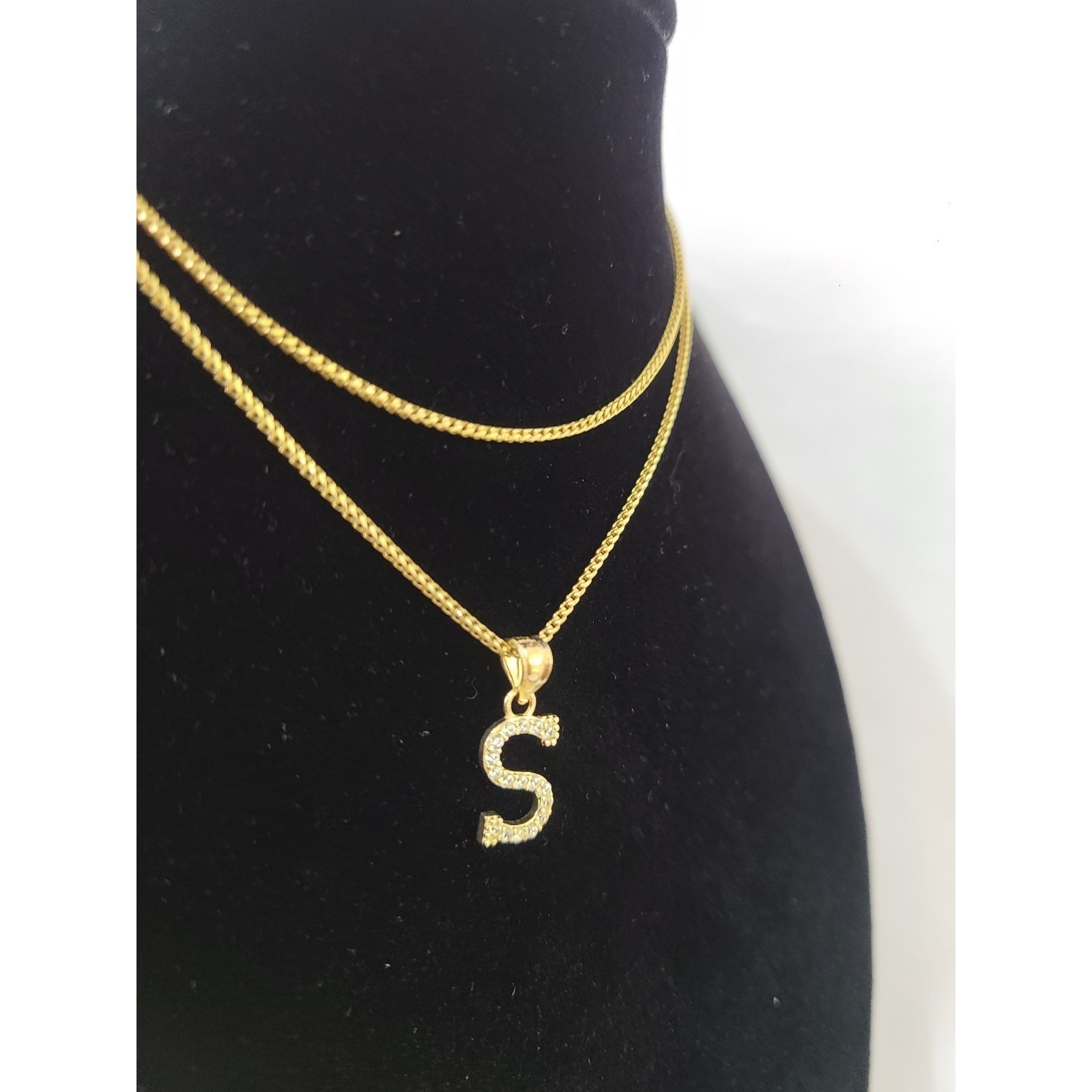 10K Gold Solid Franco Chain S Initial CZ Stone Pendant Set 1mm 16 18 20 22 Women