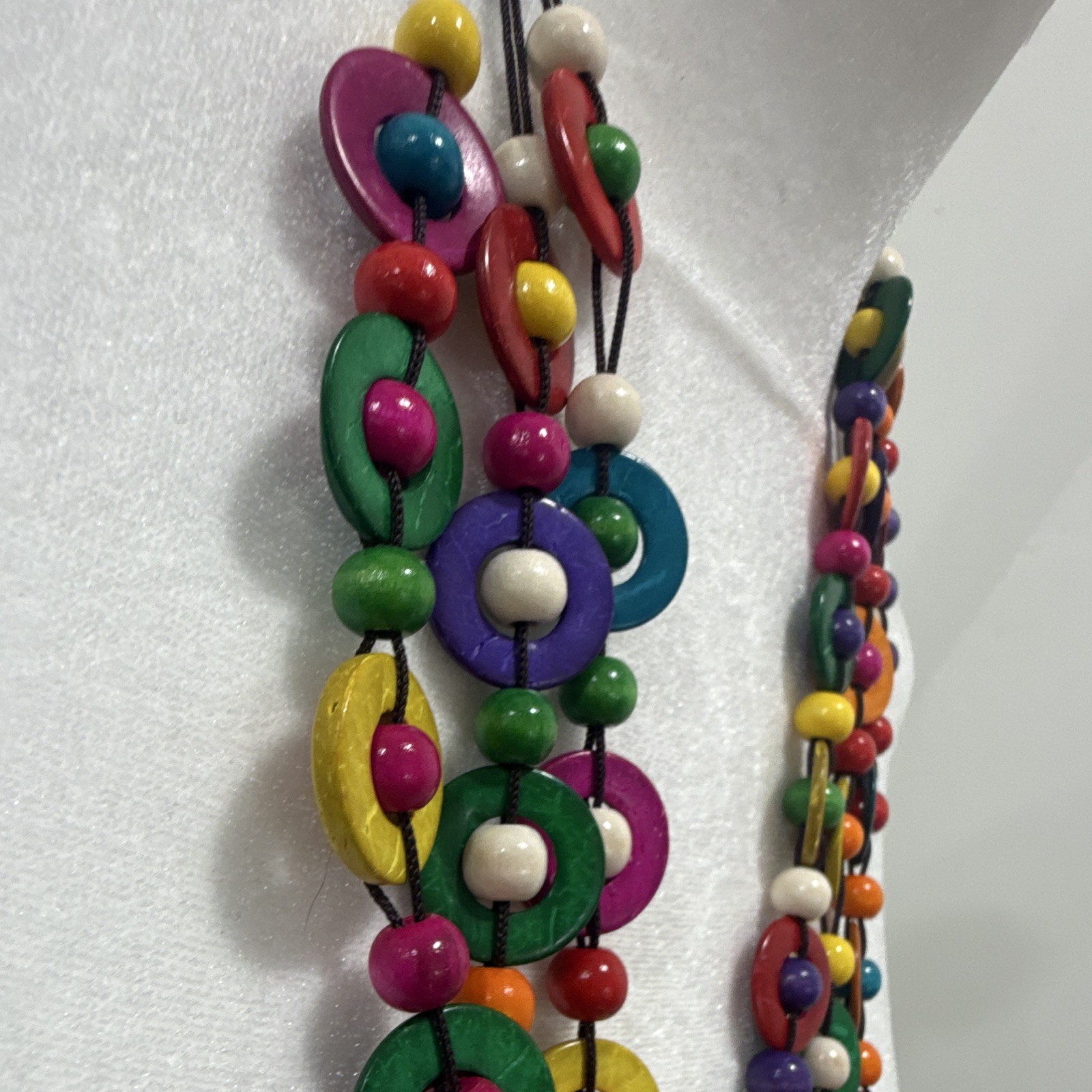 Multicolor Wood Beaded Statement Necklace Donut Pendant Cord Adjustable Slip