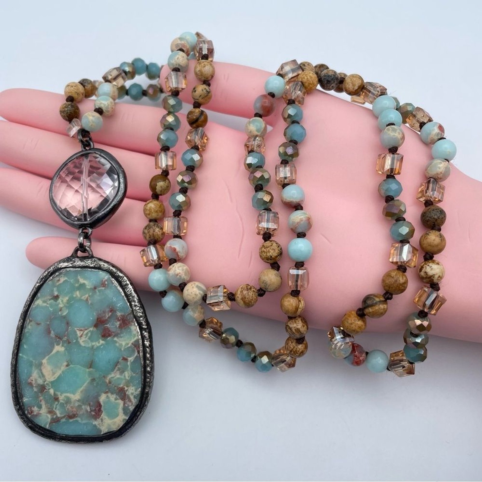 Artisan Amazonite & Jasper Beaded Necklace w/ Turquoise Matrix Pendant