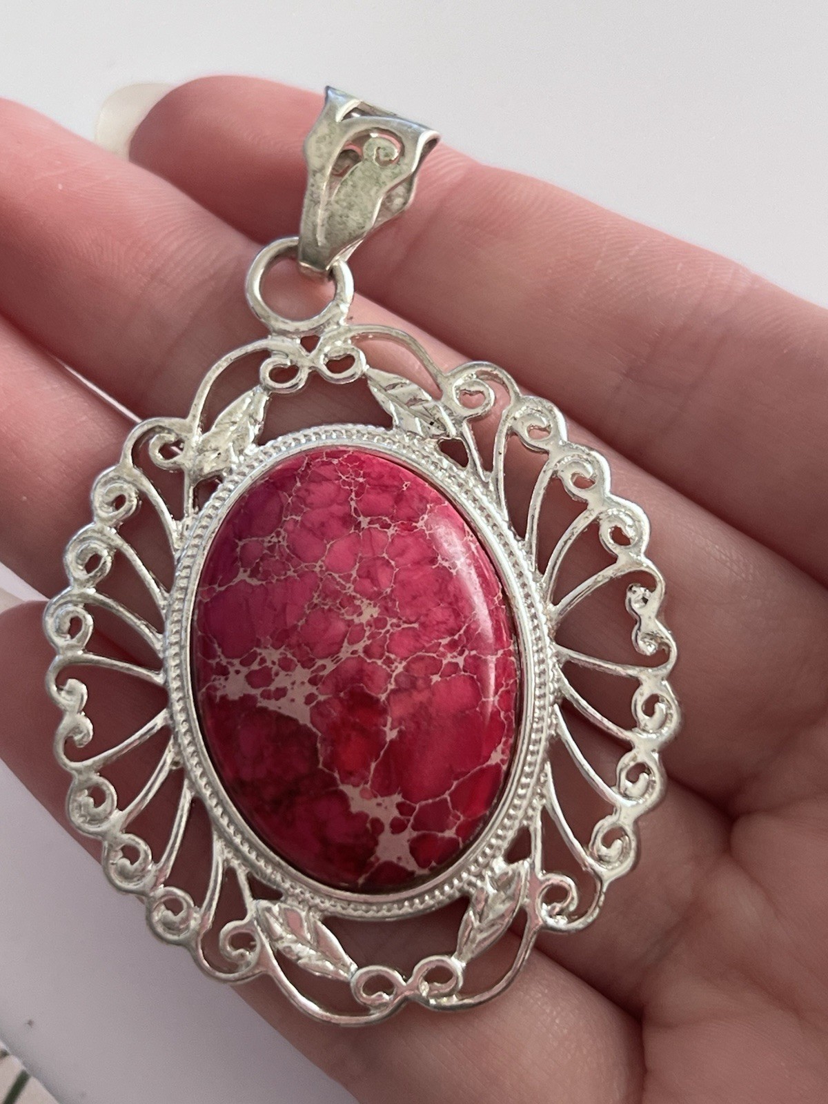 Silver Tone Faux Turquoise Oval Pendant Pink Stone Cabochon Bezel Setting