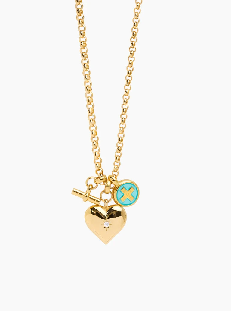 Rolo Chain Necklace Brass Metal heart and enamel Moi Toi disc in turquoise
