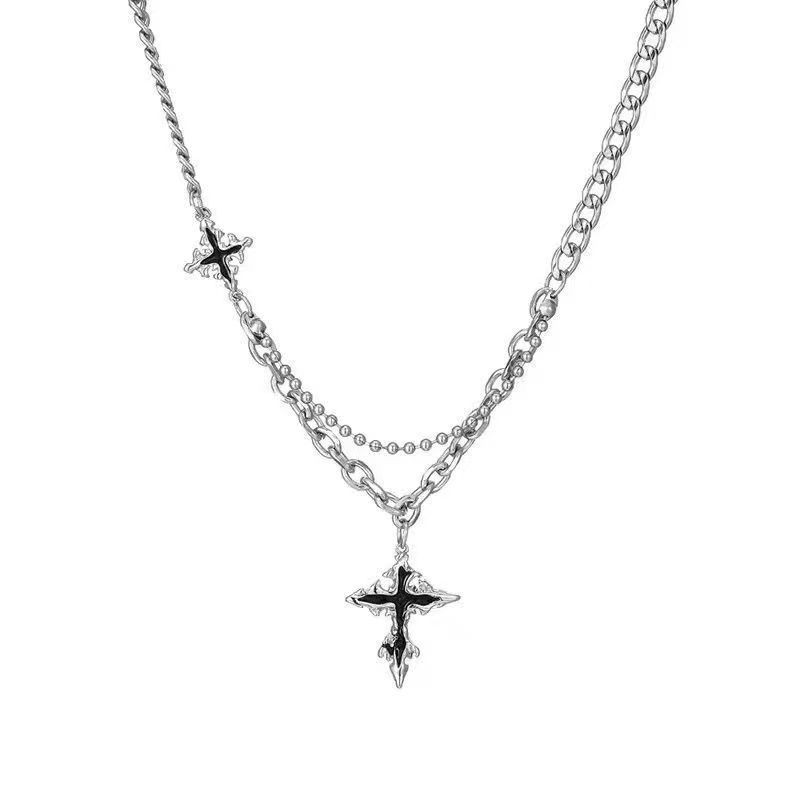 Double Layer Flame Cross Necklace Silver Black Unisex Y2K Mixed Chain Pendant