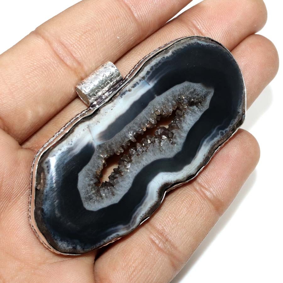 925 Silver Plated Massive Agate Geode Slice Pendant 75X32mm Most Beautiful GW