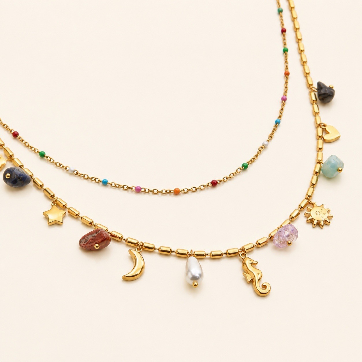 Gold Layered Charm Necklace Moon Star Sun Colorful Beaded Pendant Boho 18K Gold