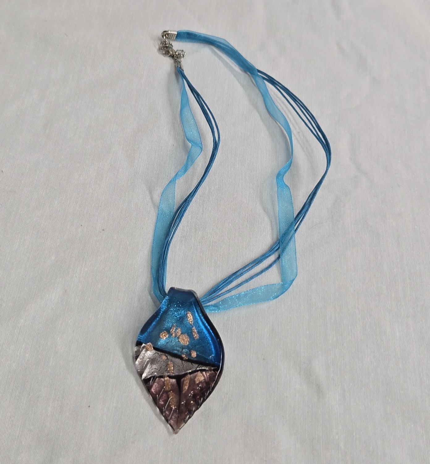 Stunning Fused Glass Leaf Pendant Necklace – Vibrant Blue & Metallic Accents
