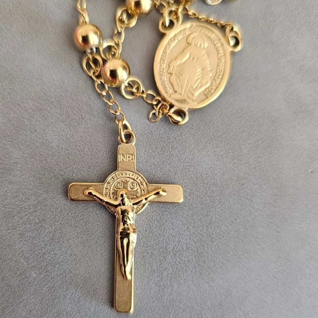 Gold Tone Stainless Steel Rosary Necklace Virgin Mary Crucifix Cross 60cm
