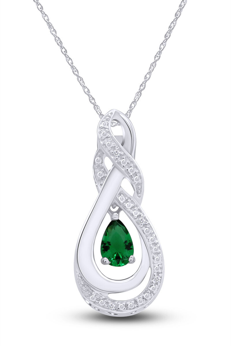 1/4 Ct Natural Diamond & Simulated Emerald Teardrop Pendant Necklace 925 Silver