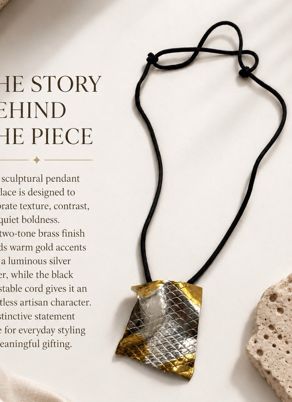 Two-Tone Textured Brass Asymmetrical Amulet Pendant Necklace Adjustable Cord