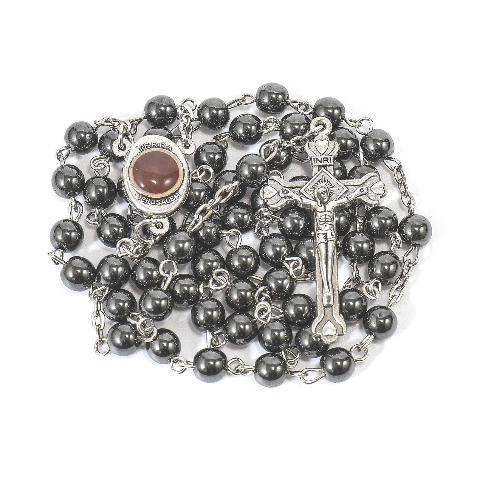 unisex-adult Hematite Rosary Black Stone Beads Necklace with Jerusalem Holy S…