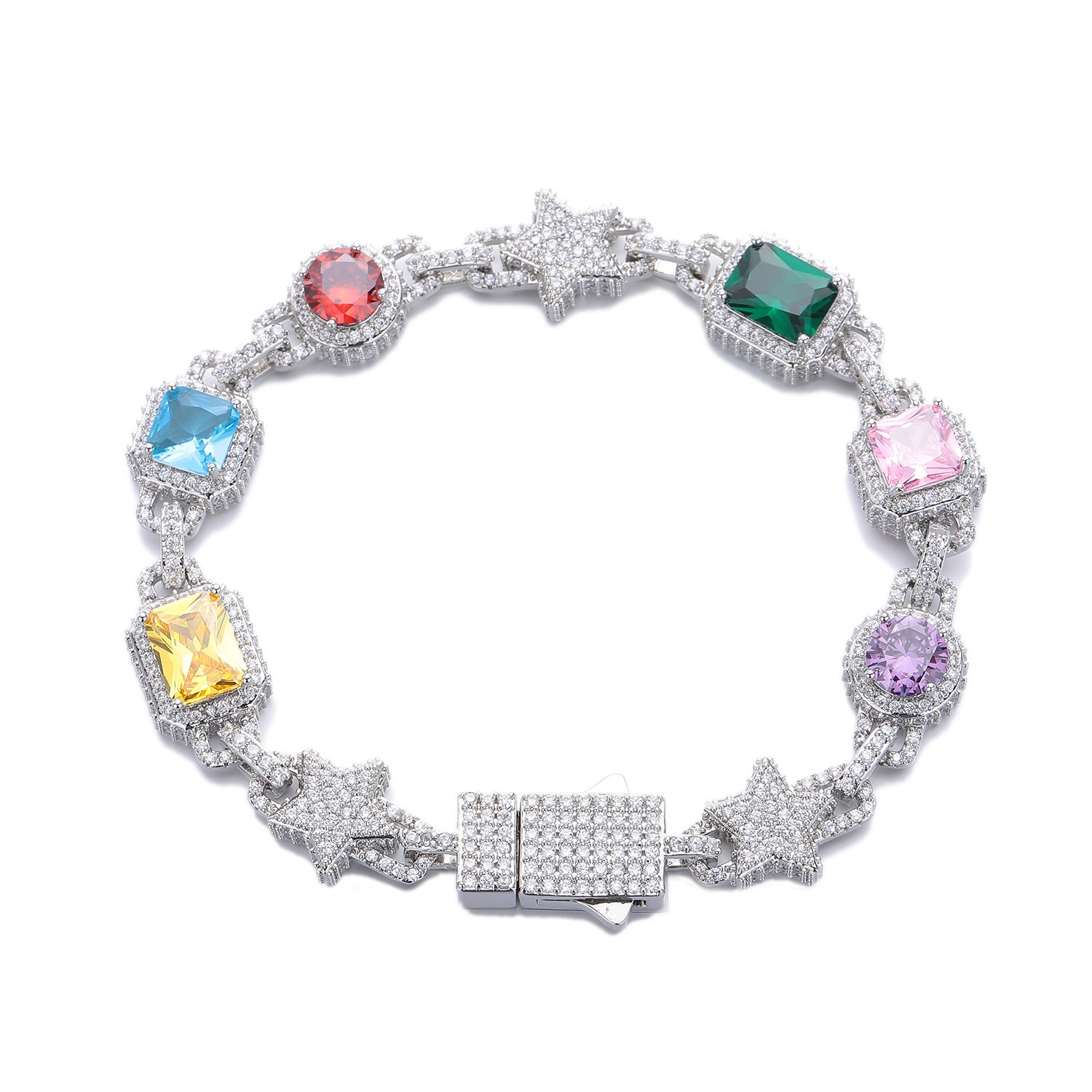 10mm Hip Hop Colored Zircon Crystal Star Chain Necklace Bracelet Choker Jewelry
