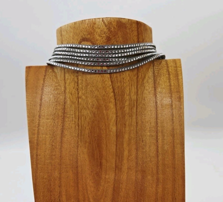 Grey Crystal Leather Choker Necklace Five Row Adjustable 15 in