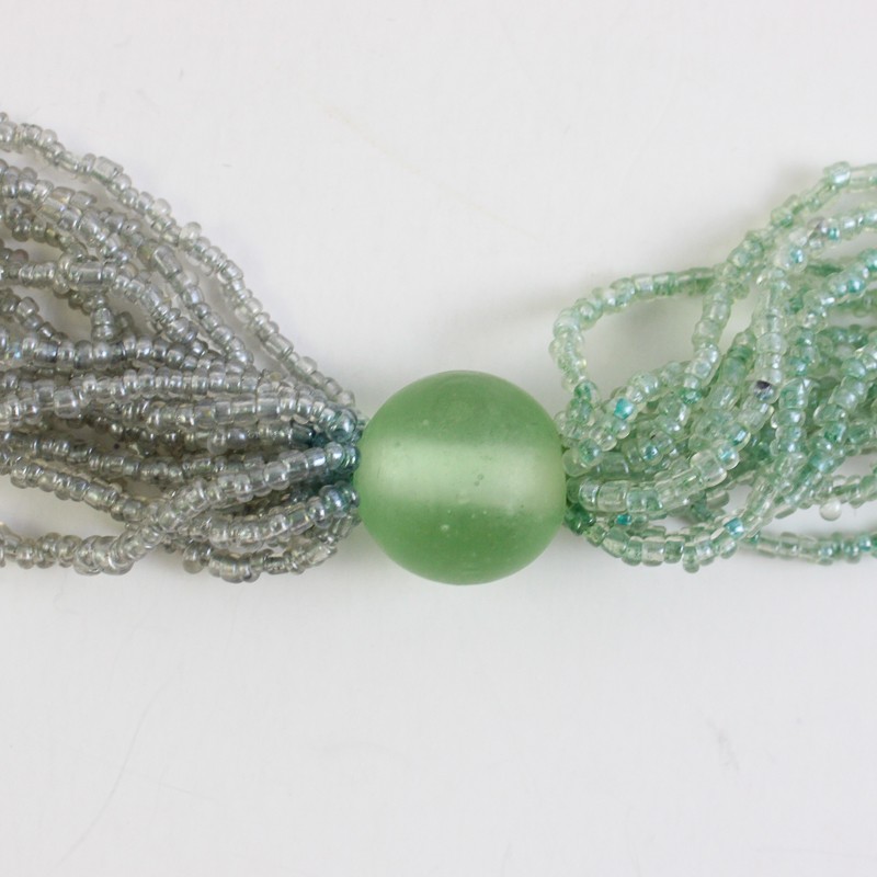 Green and Colorless Glass Multi-Strand Beaded Necklace Hook and Eye Closure 32″