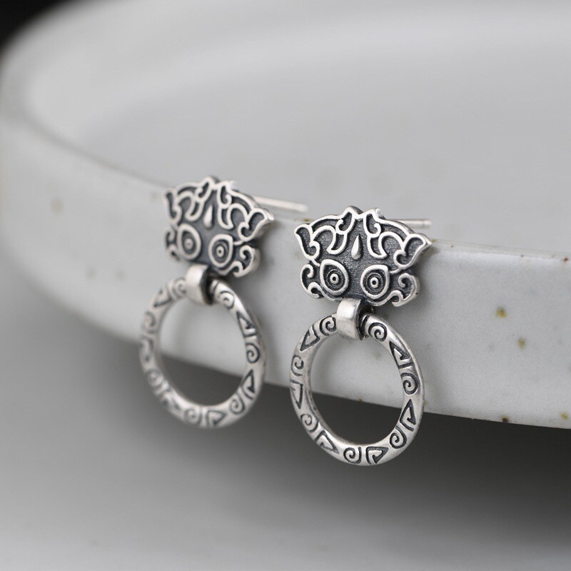 THAI Door Knocker Earrings Ornate Dangle Hoop Vintage Stud S925 Sterling Silver