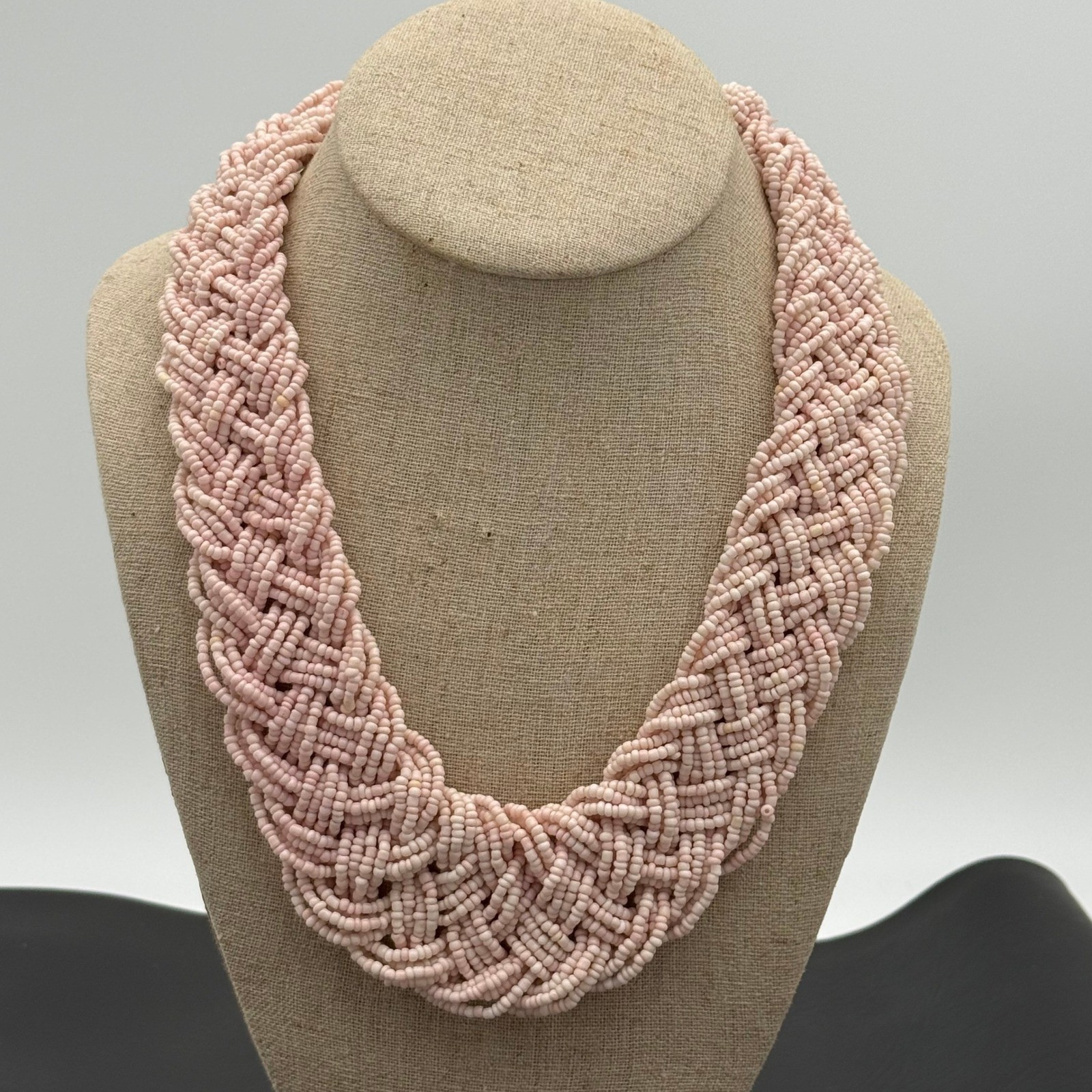 Pink Braided Seed Bead Statement Necklace Chunky Multi Strand Bib Adjustable
