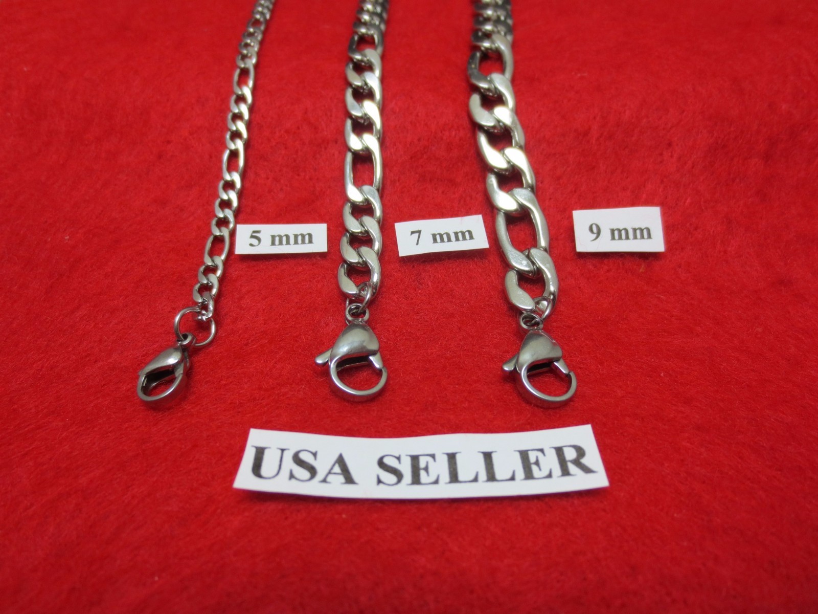 5/7/9 MM Men, Boys 7-40″ Stainless Steel Silver Designer Figaro Chain Necklace