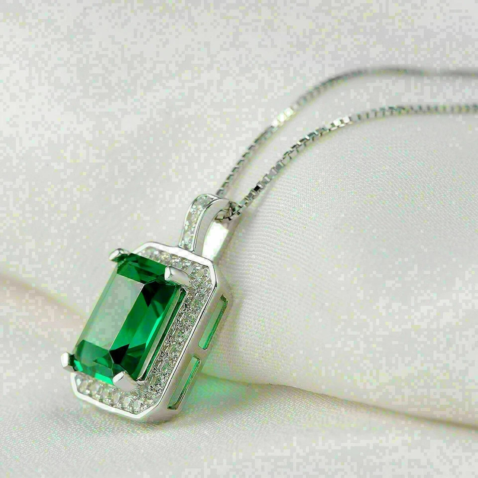 3.28 Ct Emerald Cut Emerald Pendant Wedding Pendant 14k White Gold