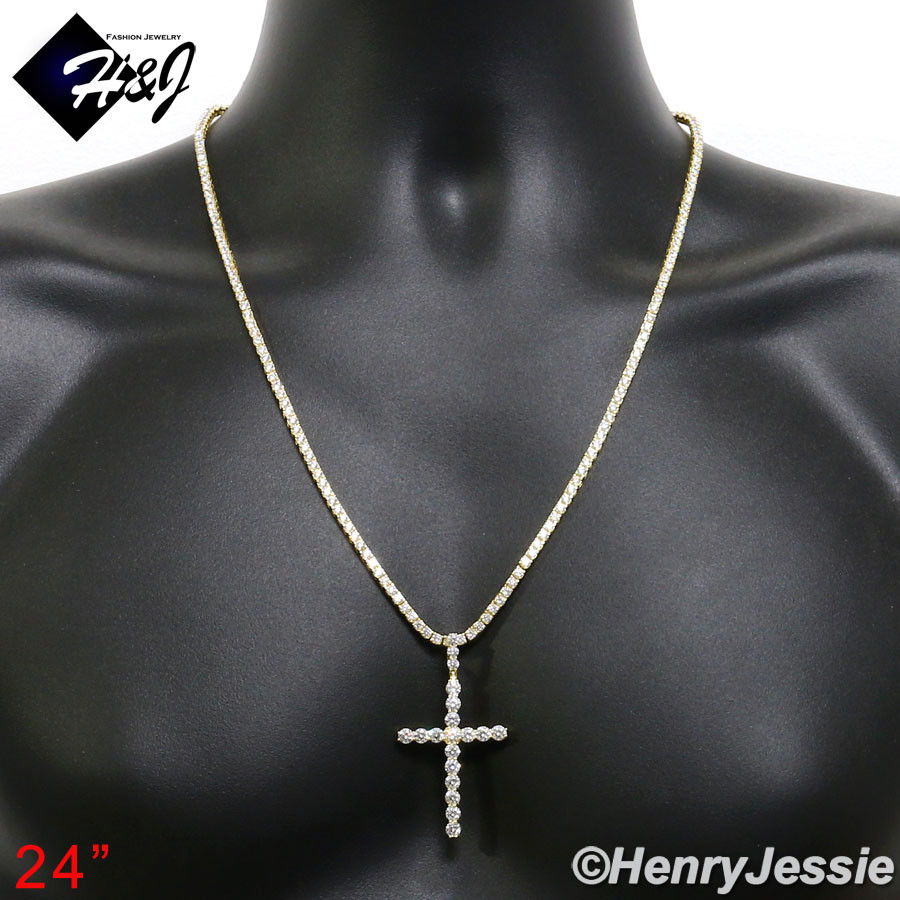 925 STERLING SILVER 18″-28″X3MM GOLD PLATED TENNIS CHAIN CZ CROSS PENDANT*GP170