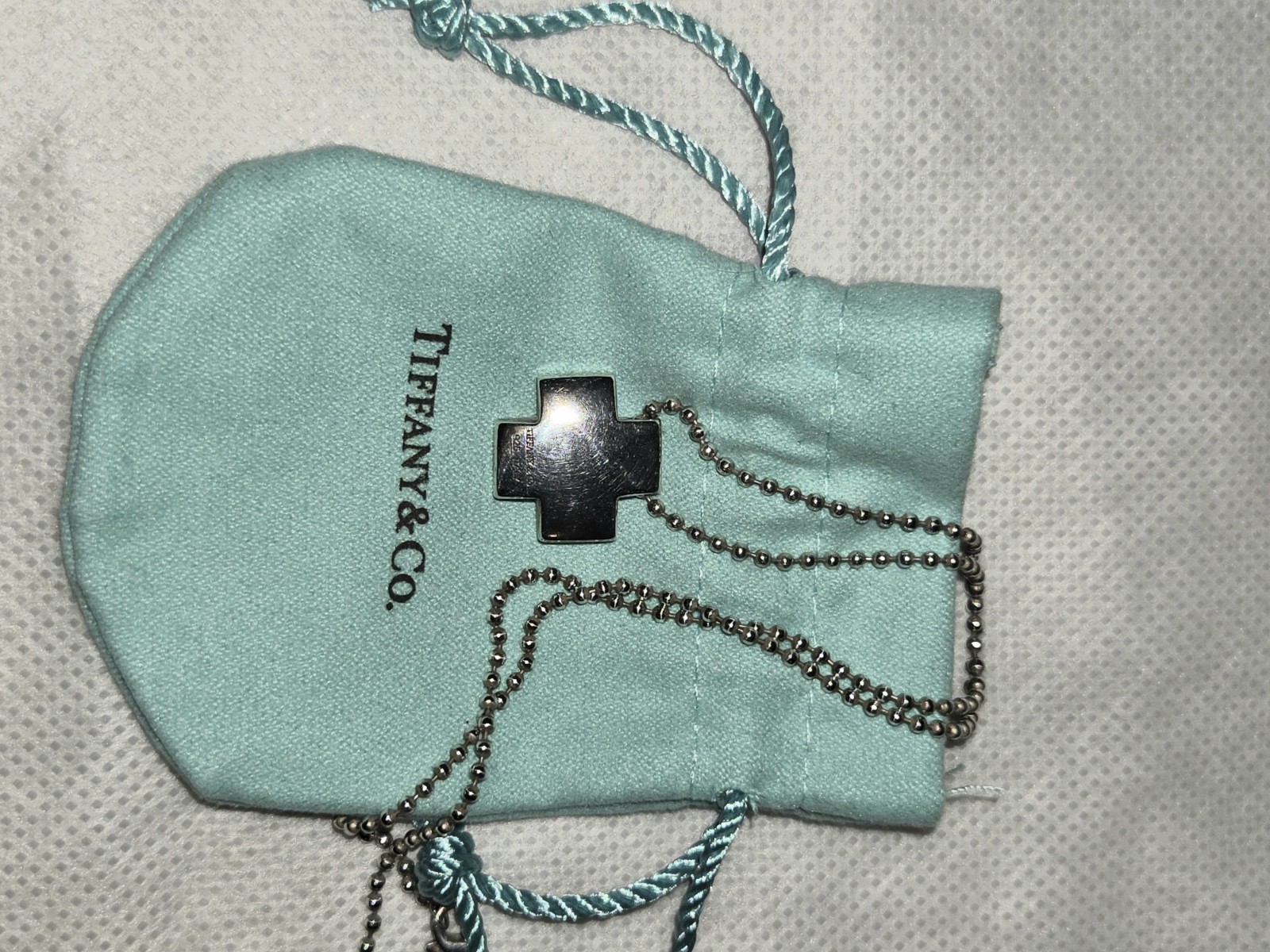 Tiffany & Co. 925 Sterling Square Roman Cross On Ball Chain Necklace Signed
