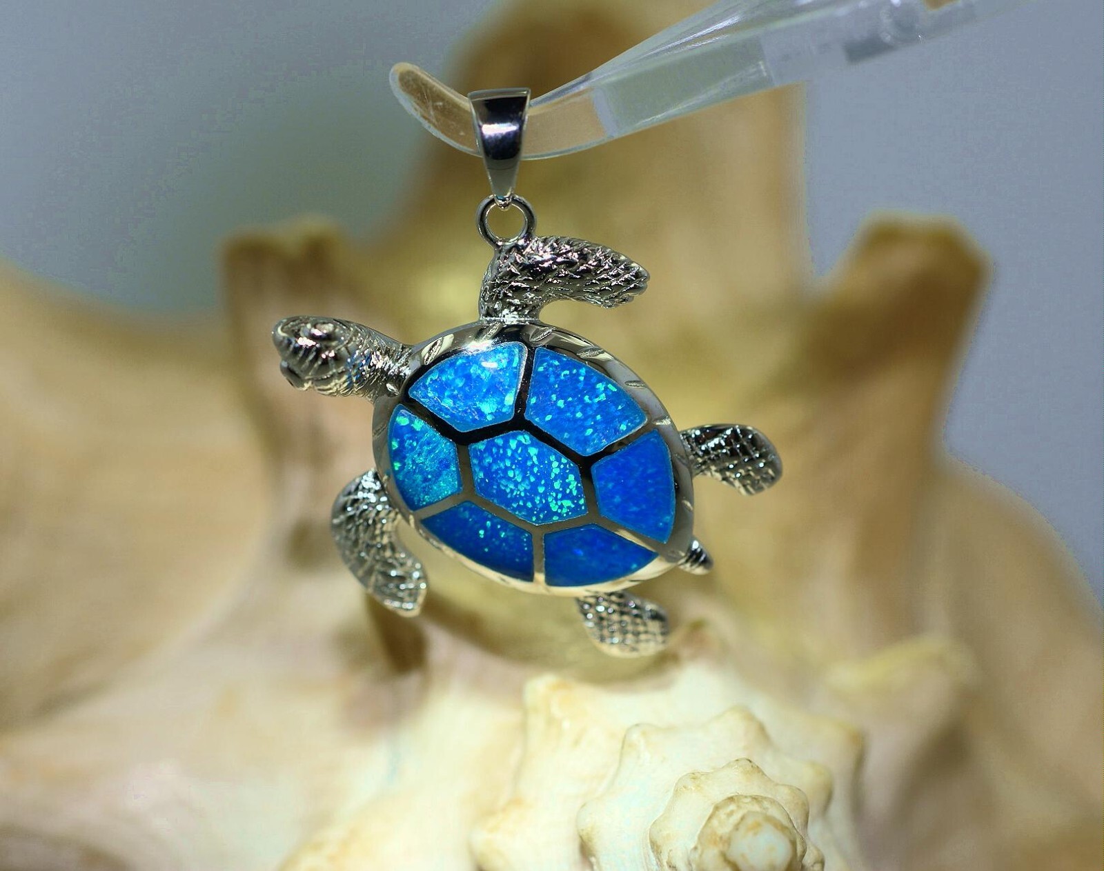 26MM RHODIUM 925 STER SILVER INLAID BLUE OPAL TEXTURED HAWAIIAN TURTLE PENDANT