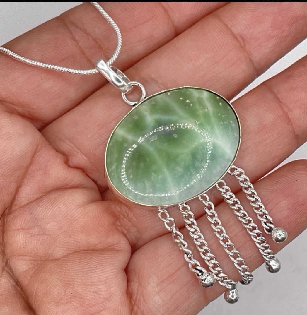 Green Larimar Sterling Silver plated Fringe Pendant Necklace