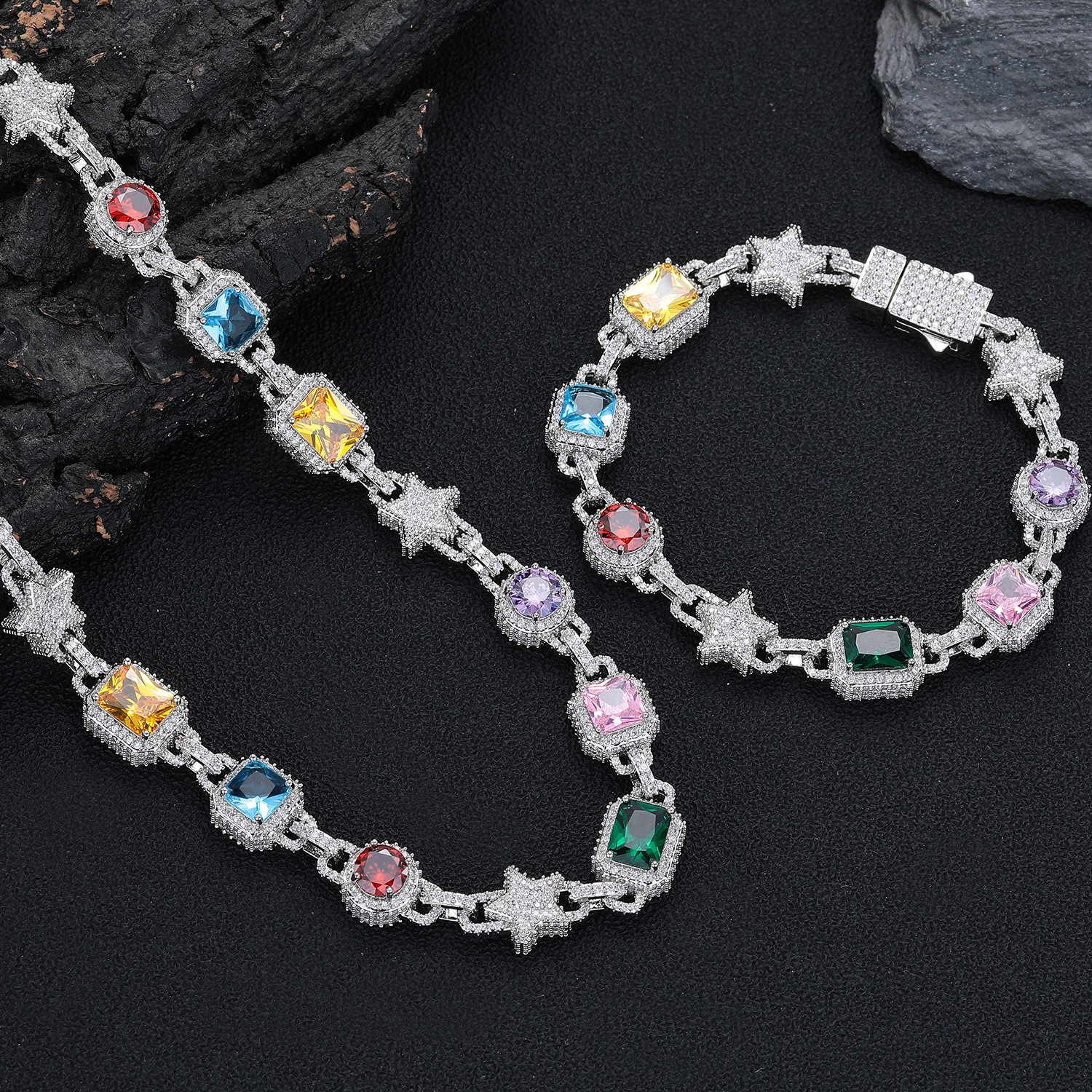 10mm Hip Hop Colored Zircon Crystal Star Chain Necklace Bracelet Choker Jewelry