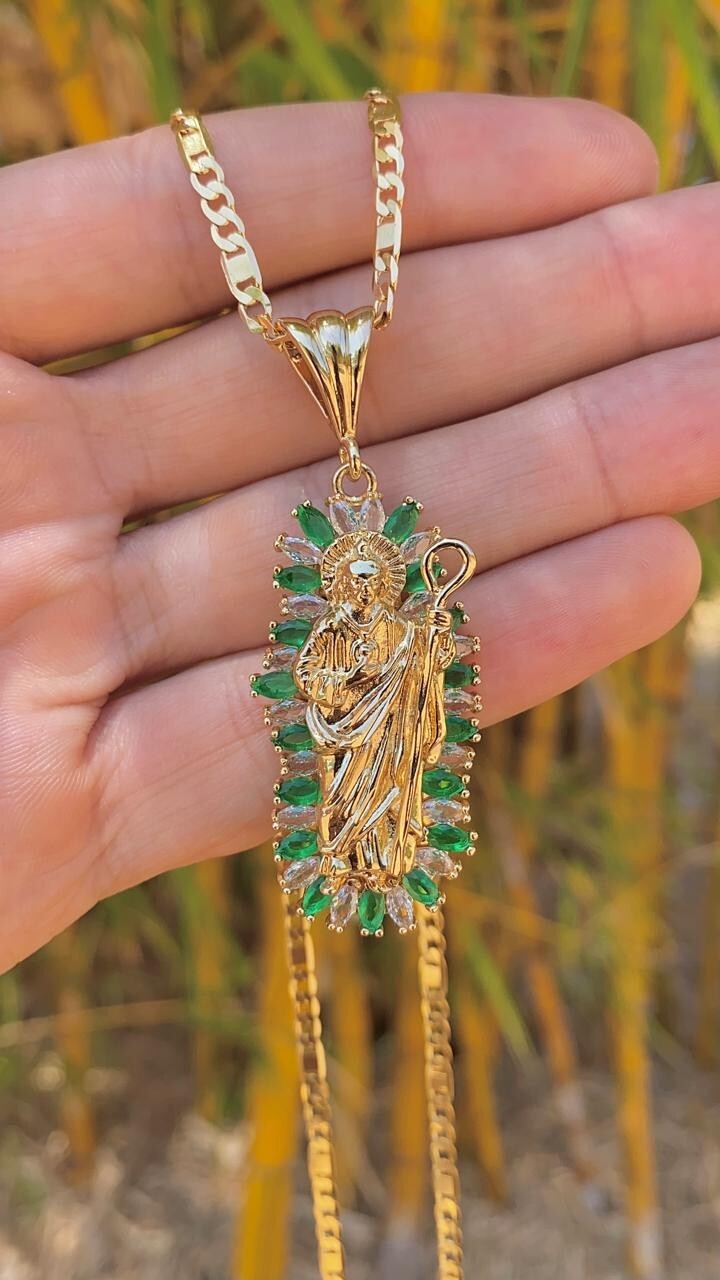 San Juditas CZ Necklace 24″ Figaro Valentino Chain Pendant Mens Adults Cadena