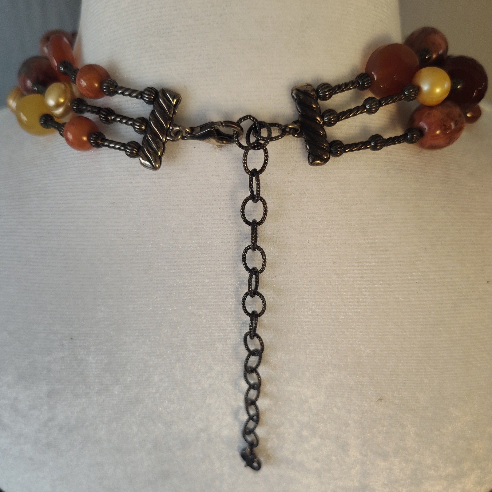 Multi Strand Earth Tone Beaded Necklace Bronze Tone Layered Stone Statement 22in