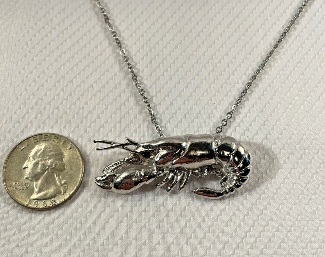 Crawfish Lobster Silver Necklace 24” Stainless Coastal Jewelry Sea Life NEW