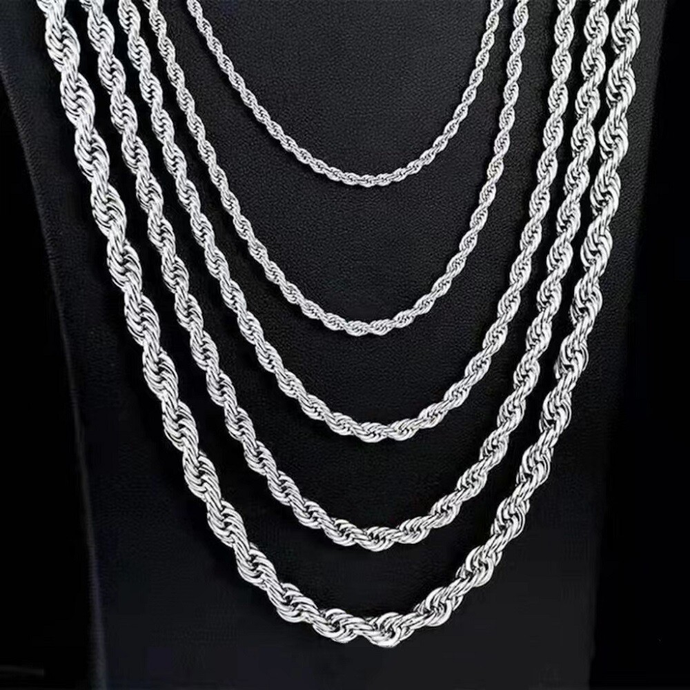 Silver Rope Chain Necklace Stainless Steel Men Women 2/2.5/3/4/5/6/7mm