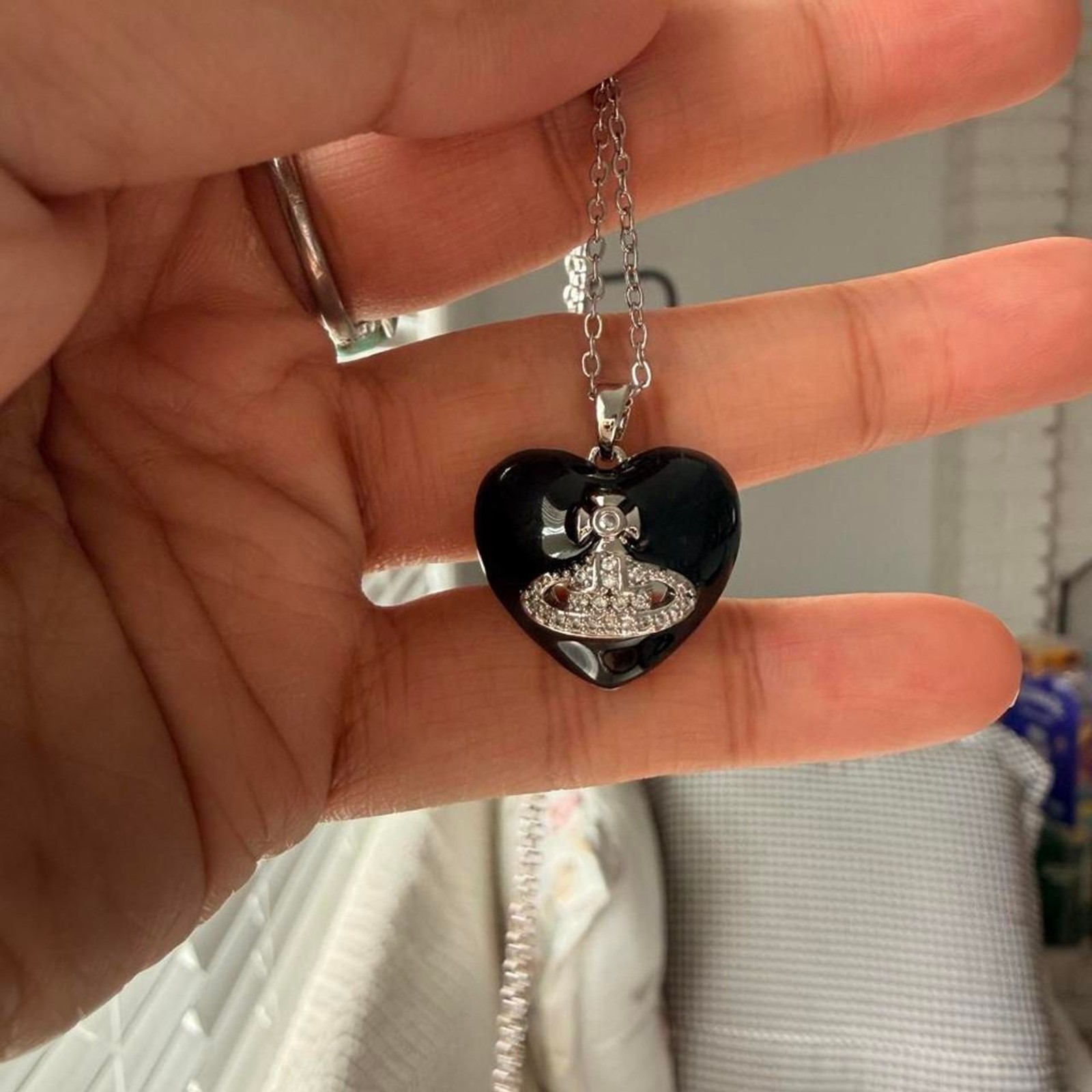 Black Heart Saturn CZ Pendant Stainless Steel Necklace