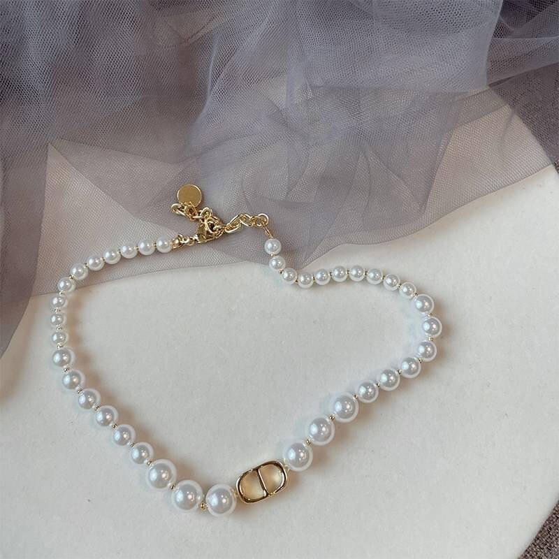 Necklace Earrings Bracelet Faux Pearl Silver Gold Chain Woman CD Pendant Strand
