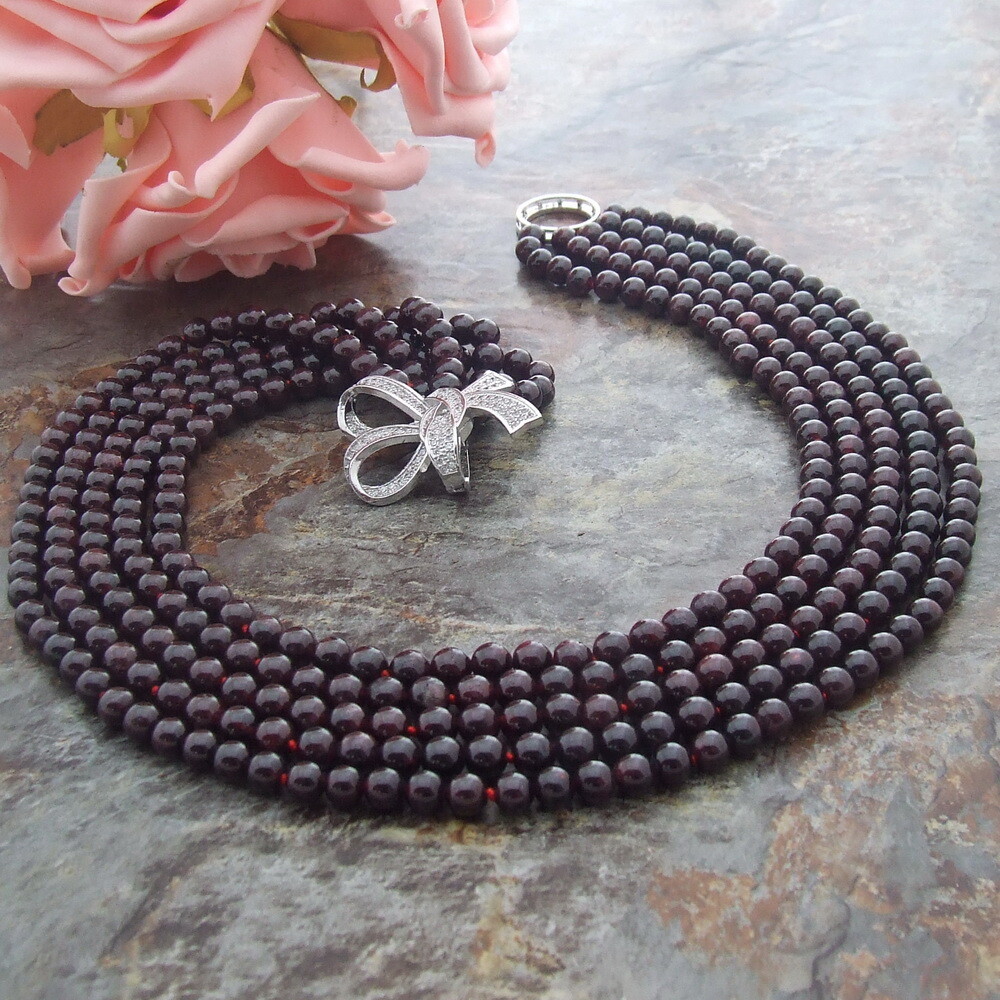 18”-21” 5 Strands 6mm Natural Round Smooth Garnet CZ Necklace Multi Strands