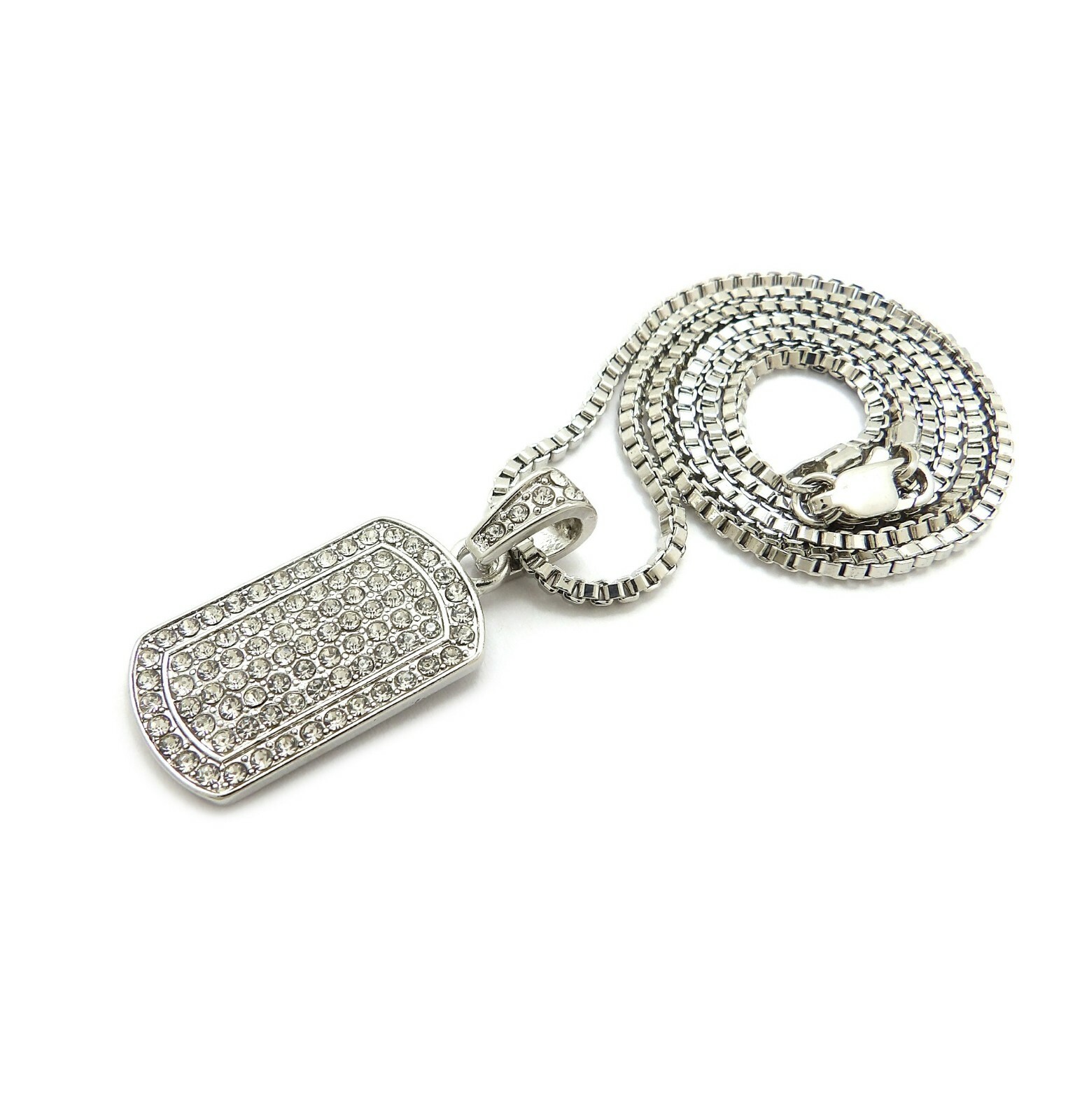 CUBIC ZIRCONIA SILVER PLATED ALLOY DOG TAG & 24″ BOX ROPE CUBAN CHAIN NECKLACE