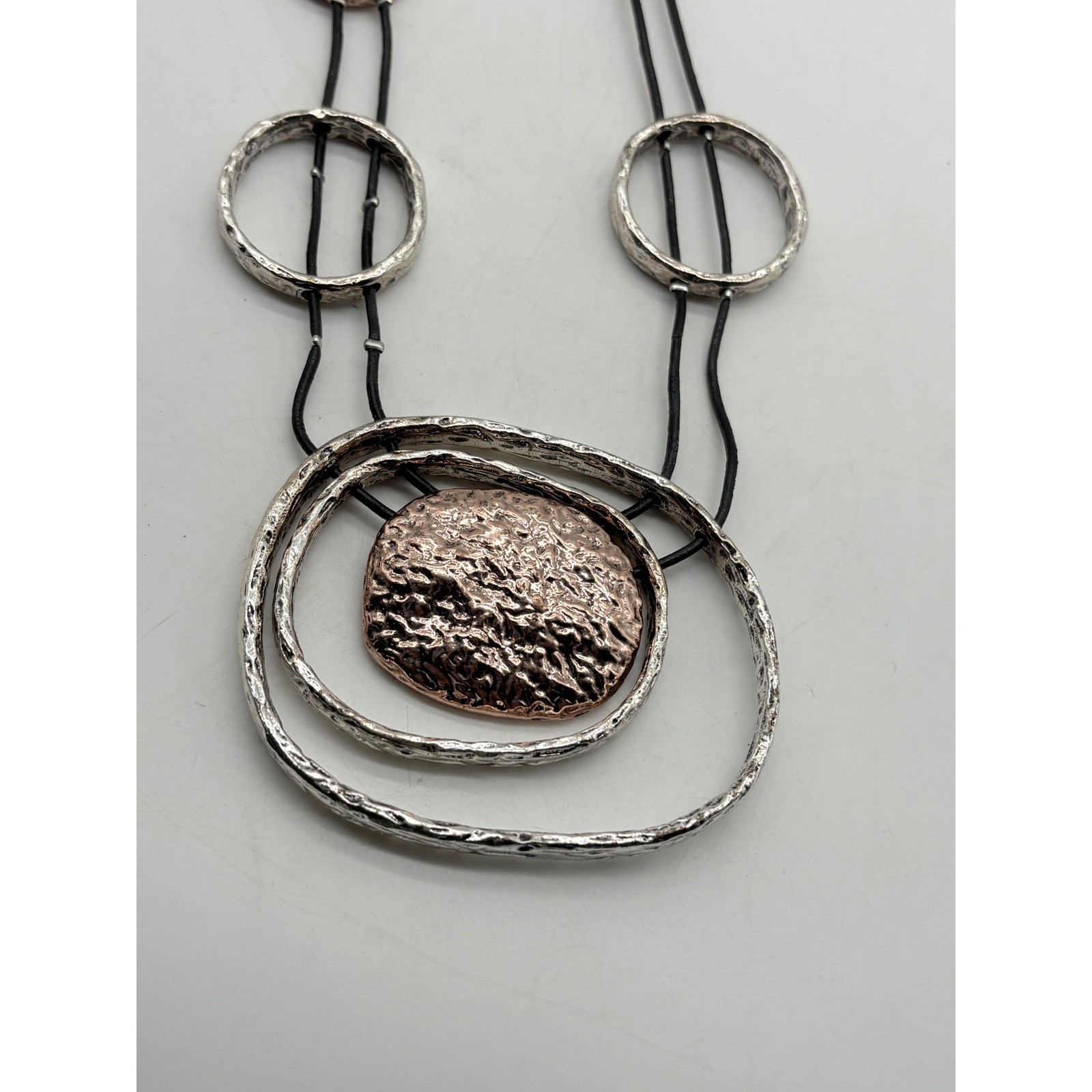 Mixed Metal Hammered Geometric Statement Necklace Silver Copper Tone Black Cord