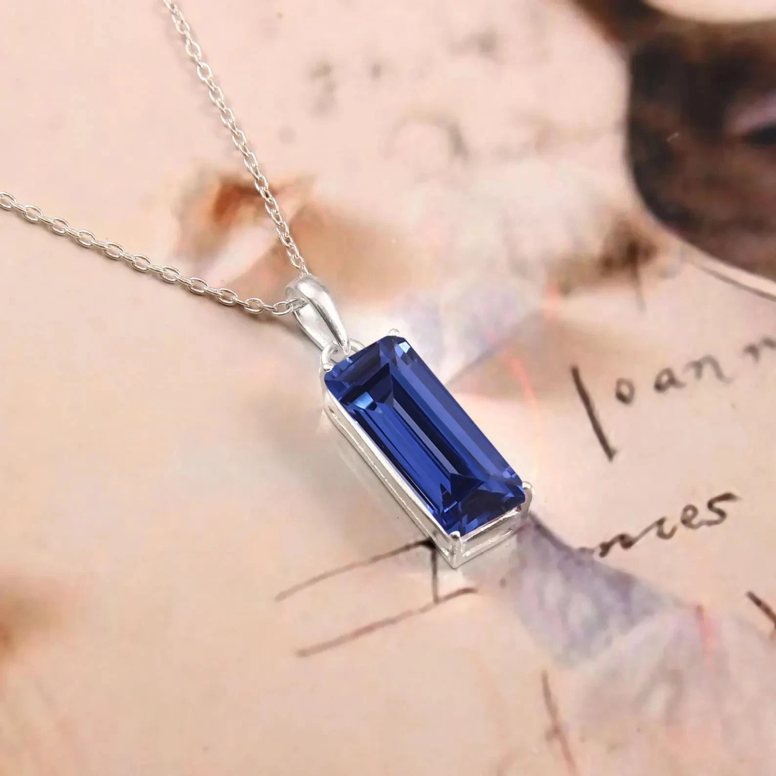 AA Flawless Ceylon Blue Sapphire Baguette Pendant:Sterling Silver Charm 20×8 mm