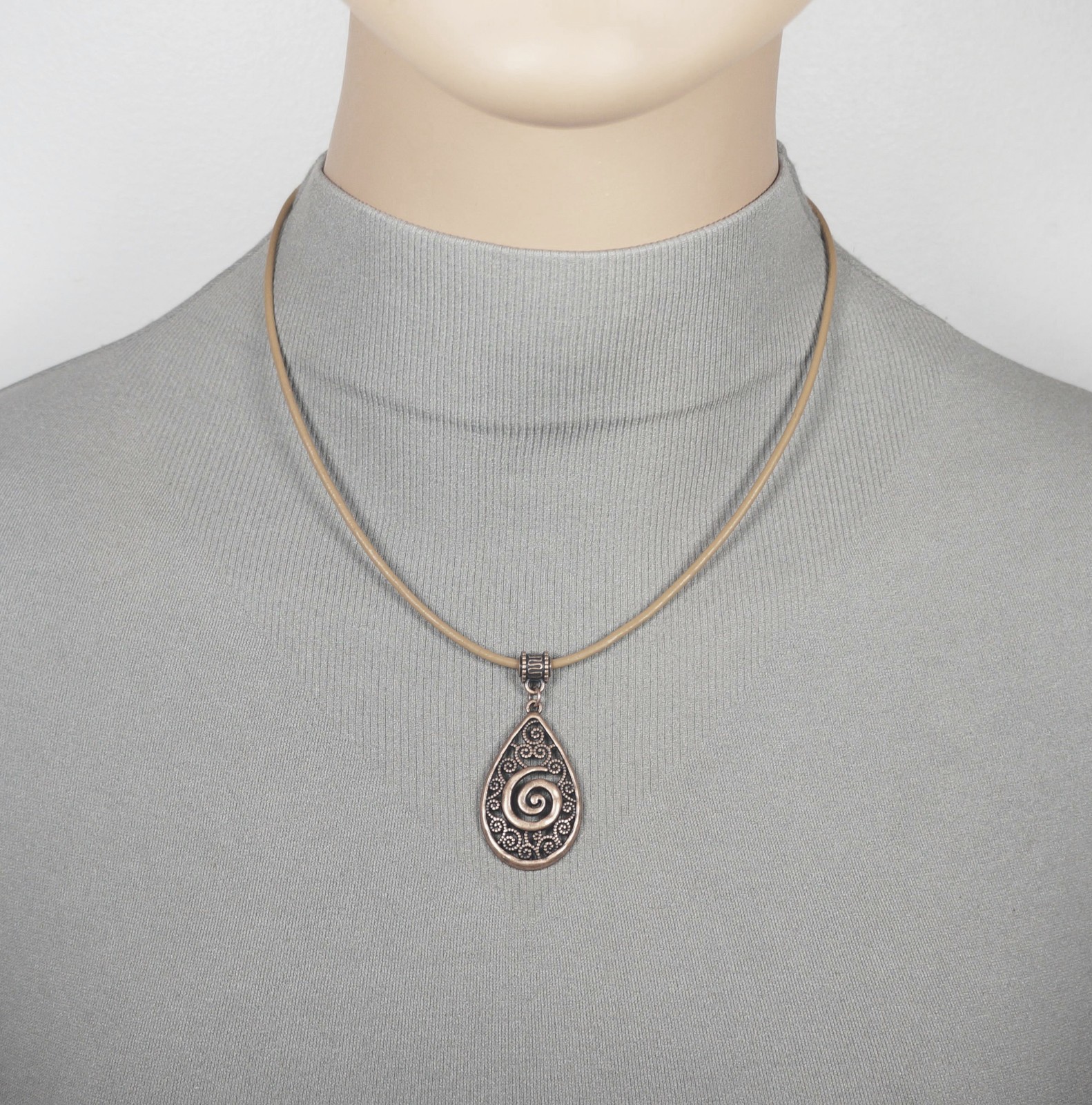 Copper Filigree Teardrop Boho Leather Cord Necklace, Black or Tan Leather