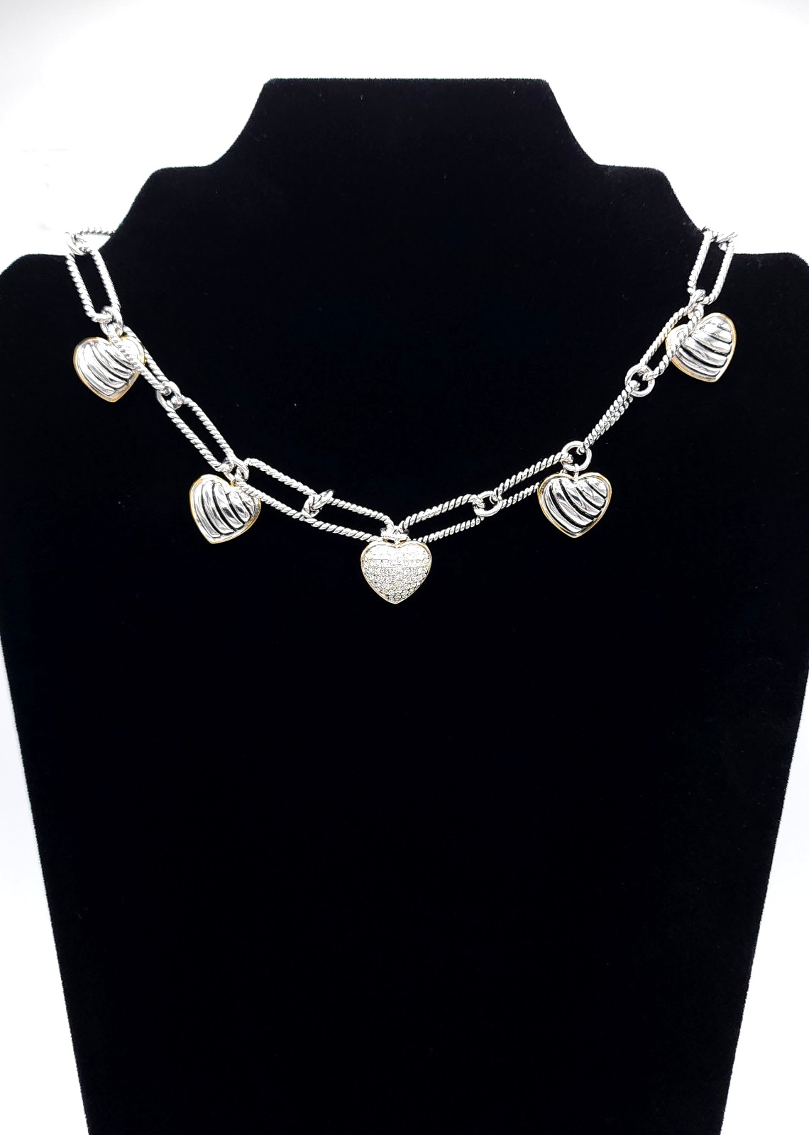 Heart Charm Necklace Paperclip Chain Rhinestone Pave Heart Toggle Clasp 16in